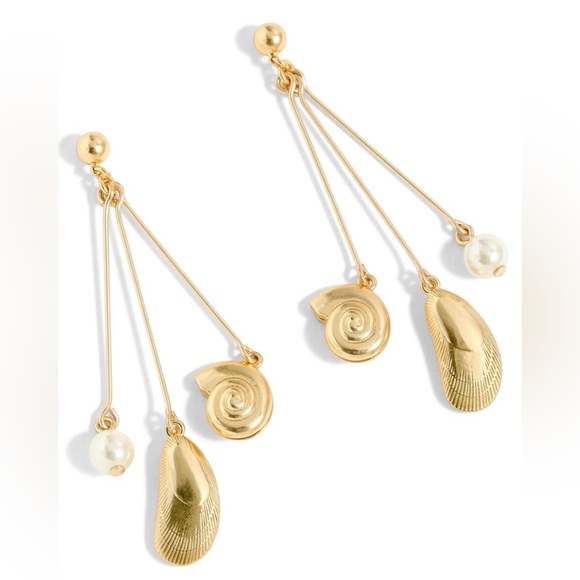 NEW Lot of 2x [J. Crew] Seashell Drop & Pearl Thread-Through Earrings, Gold - Picture 3 of 8